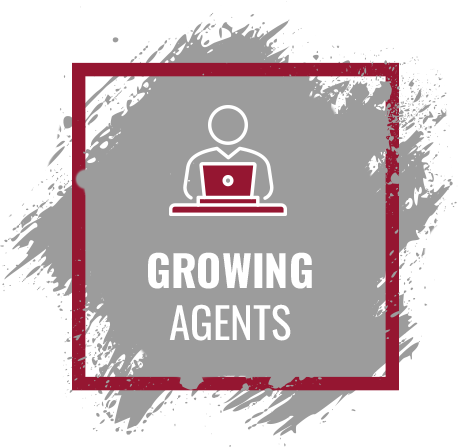 Gray and burgundy logo with person at laptop and text “GROWING AGENTS” inside a square border