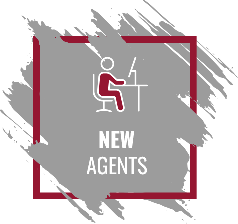Grey and maroon graphic with seated figure icon and the words “NEW AGENTS” in the center.