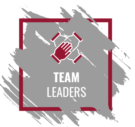 Team leaders text with hands joining puzzle pieces in red and gray graphic