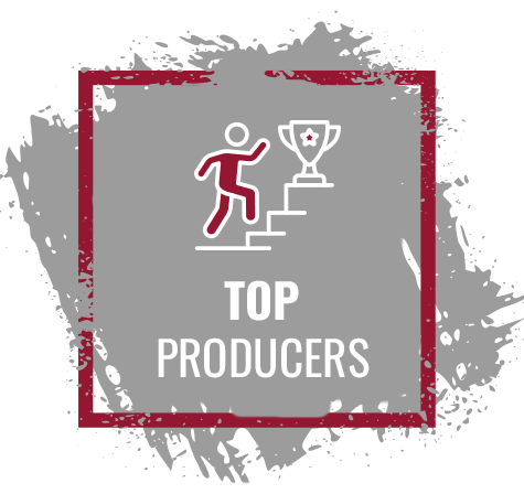 Gray and maroon badge with runner climbing steps to trophy, labeled “TOP PRODUCERS”