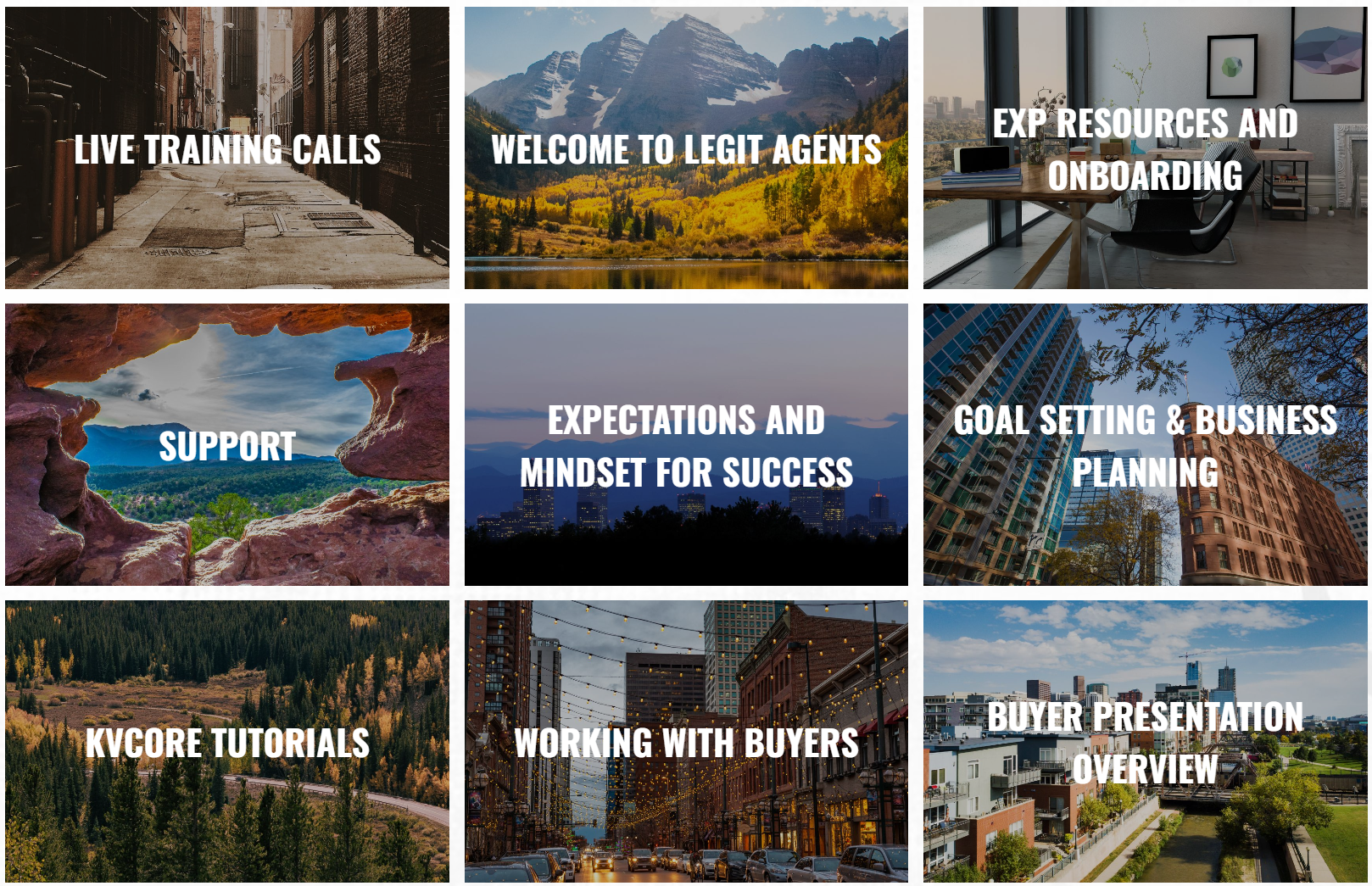 Grid of nine real estate training tiles over scenic photos, 