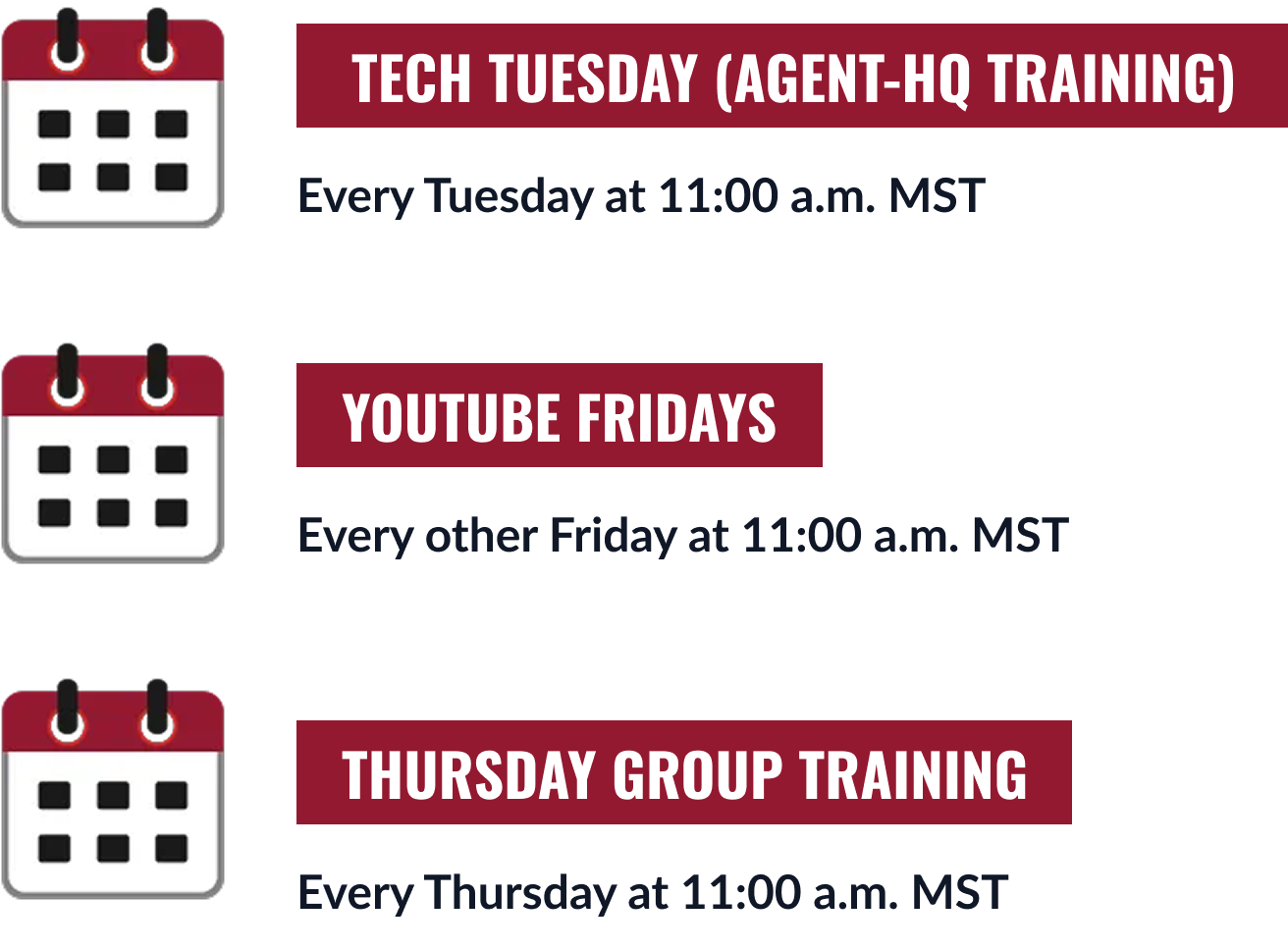 Training schedule graphic with three red event banners 