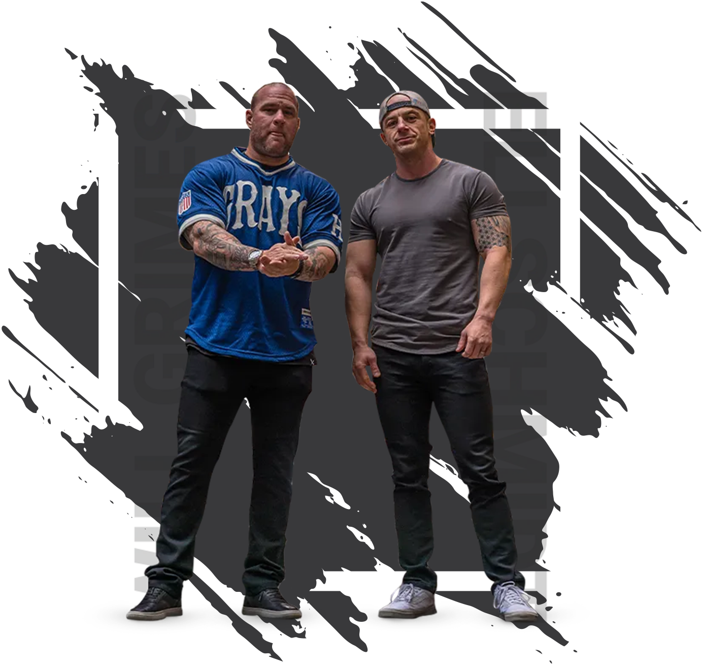 Two men standing next to each other with one wearing a ray jersey