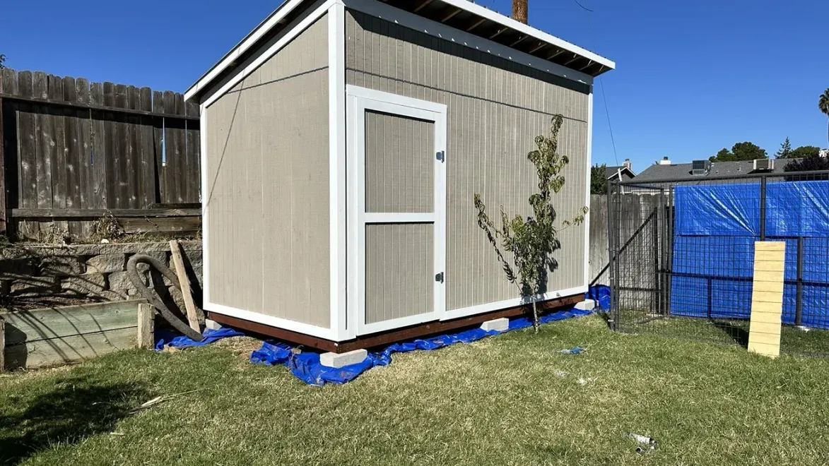 Small beige shed with white trim in a backyard, beside a wooden fence and blue tarp under a clear sky