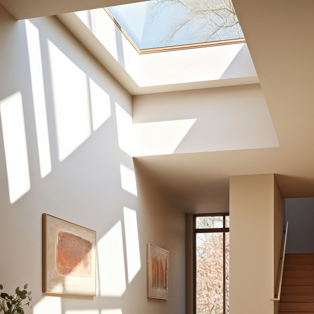 A hallway bathed in bright sunlight from a skylight, featuring cream-colored walls and framed abstract art.