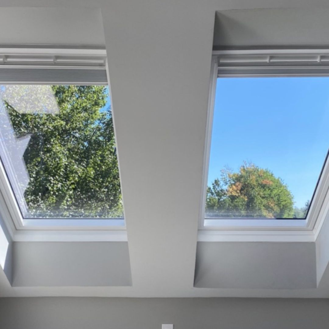 Two skylight windows in a white ceiling, showing blue sky and tree tops outside