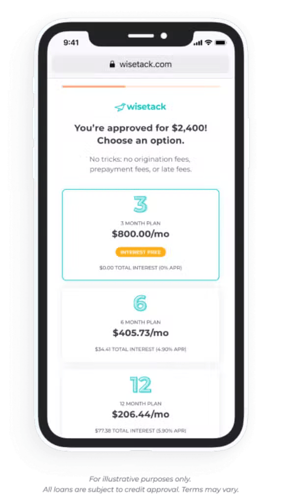 Mobile app screen showing loan approval options with monthly payment plans on a white background