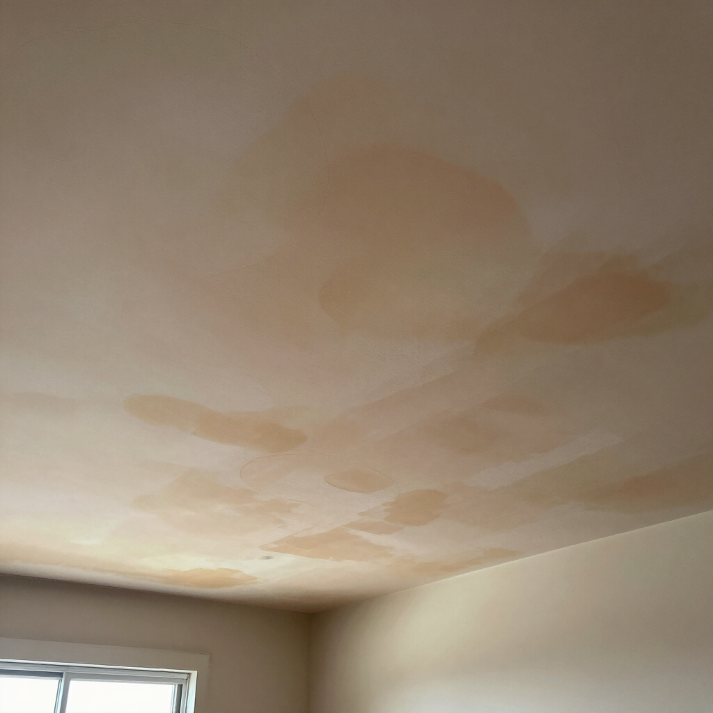 Ceiling with large orange water stains above a window in a beige room