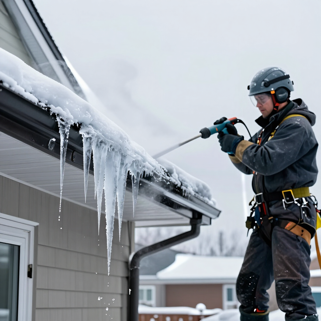 Worker on a roof removing icicles from the eaves with a long pole on a snowy day