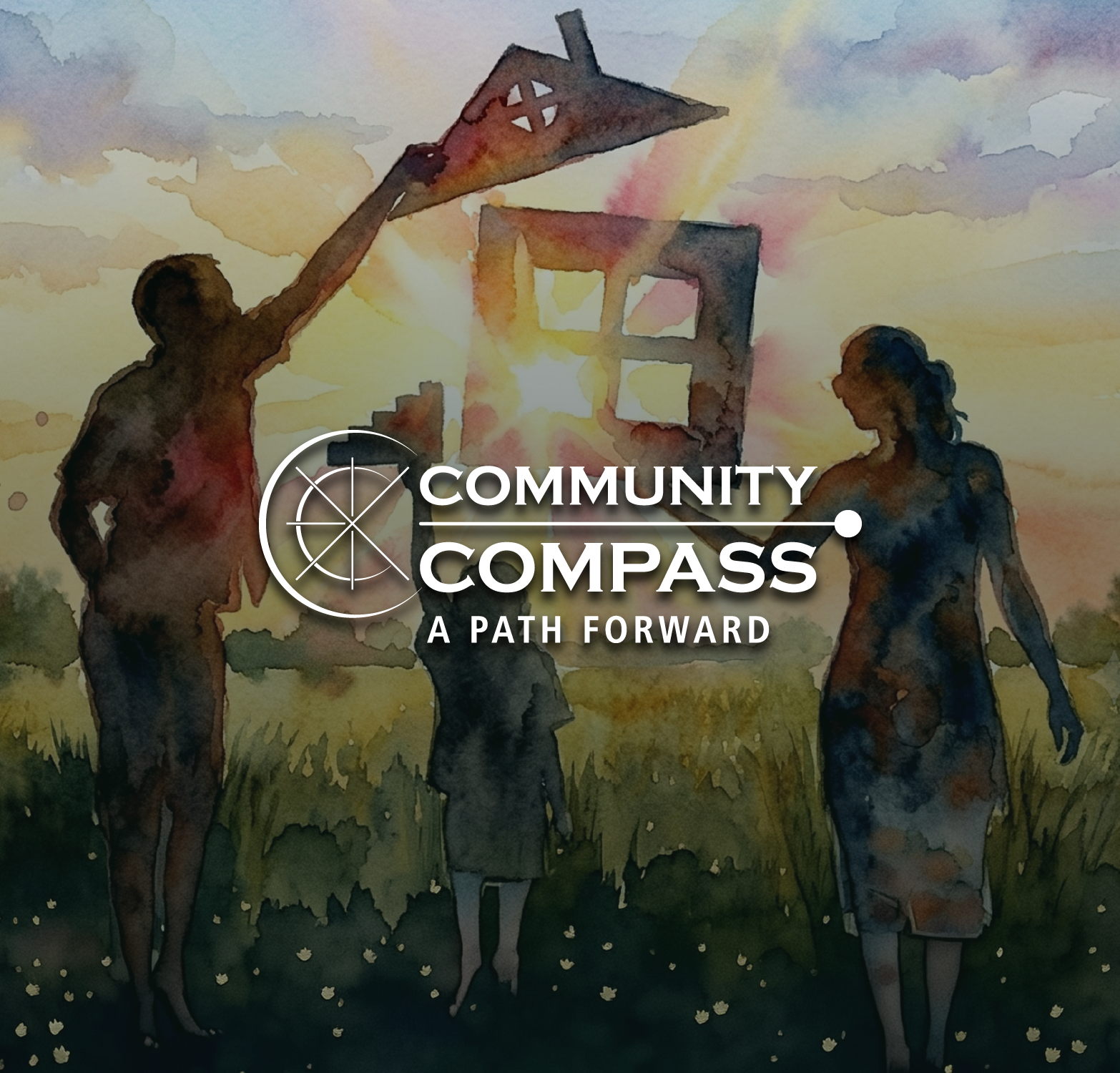 Community Compass logo over watercolor silhouettes of people flying a kite at sunset