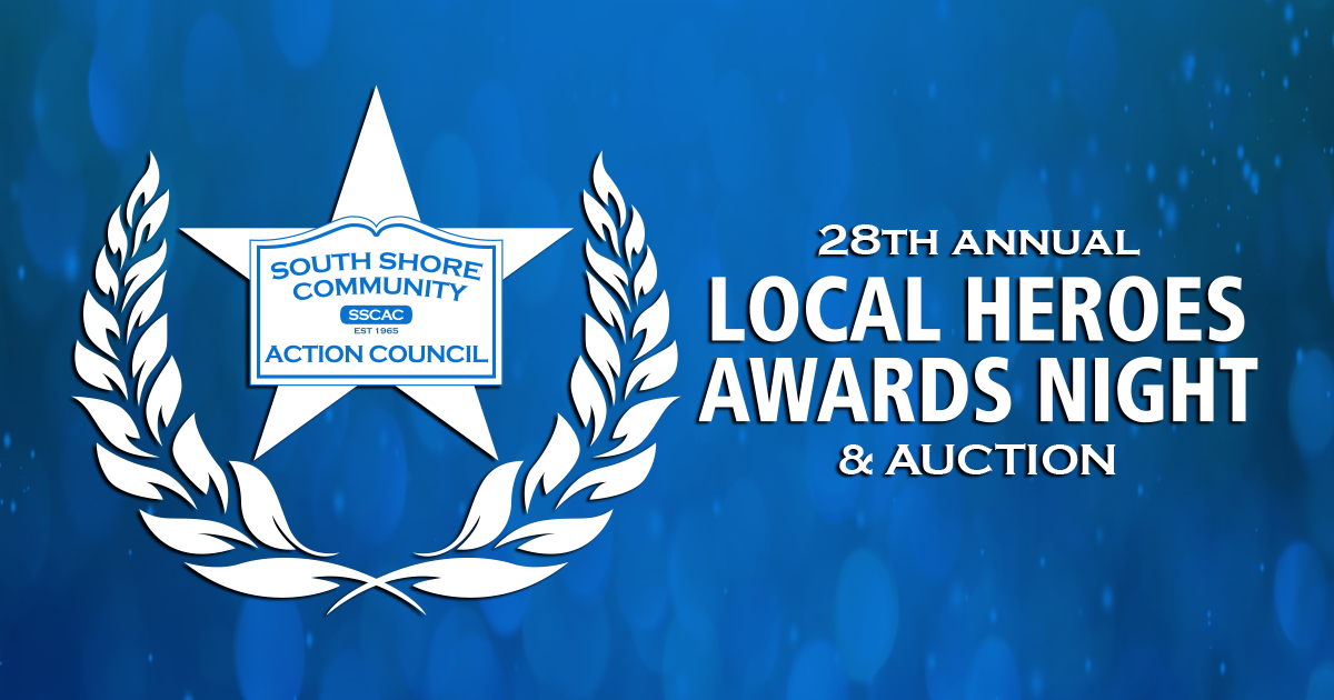 A blue graphic with a white star and laurel wreath logo for the 28th Annual Local Heroes Awards Night & Auction.