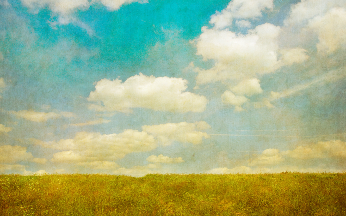 A vibrant green meadow stretches under a blue sky filled with fluffy white clouds, featuring a vintage, textured effect.