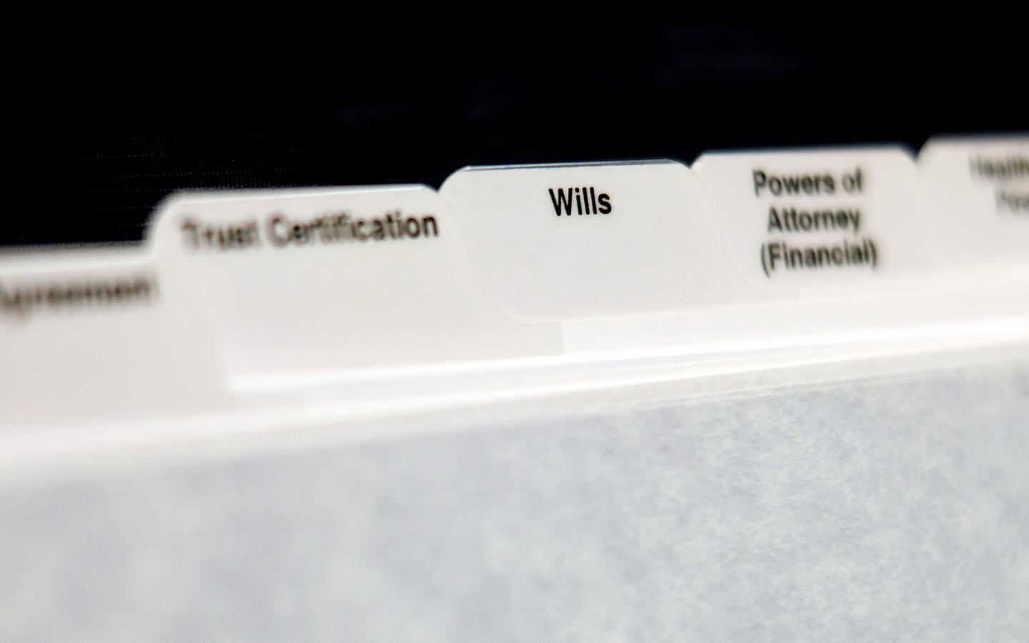 Close-up of a white divider tab labeled