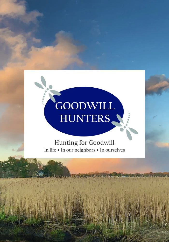 Goodwill Hunters logo over a sunset field with blue sky and tall grass