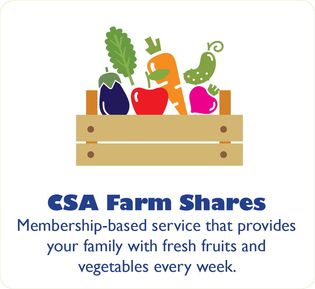 A wooden crate filled with colorful produce with text below explaining a weekly membership-based fresh food service.