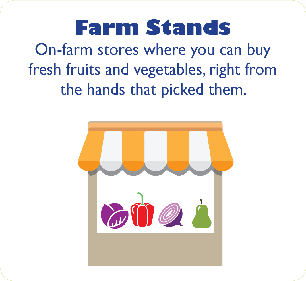 An illustration of a farm stand with an orange and white striped awning, featuring icons of produce underneath the text.