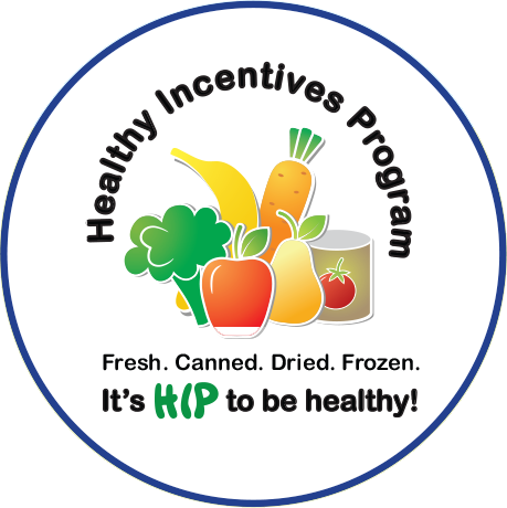 Logo for Healthy Incentives Program featuring fresh produce and canned goods, with the text