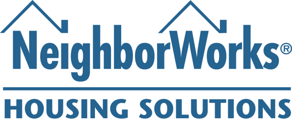 Logo for NeighborWorks Housing Solutions, featuring blue text with a graphic of two house roofs above the word.