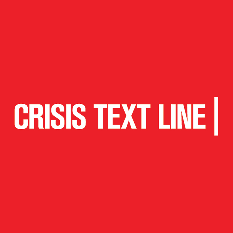 White text on a red square reading "CRISIS TEXT LINE" with a vertical white line at the end.