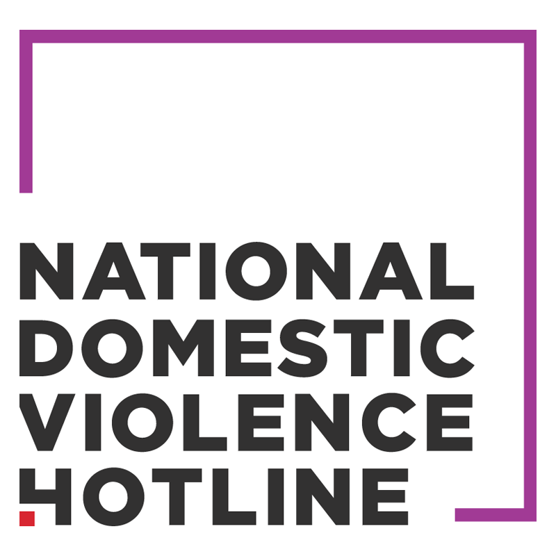 Logo for the National Domestic Violence Hotline, with the text inside a purple frame and a small red square at the bottom.