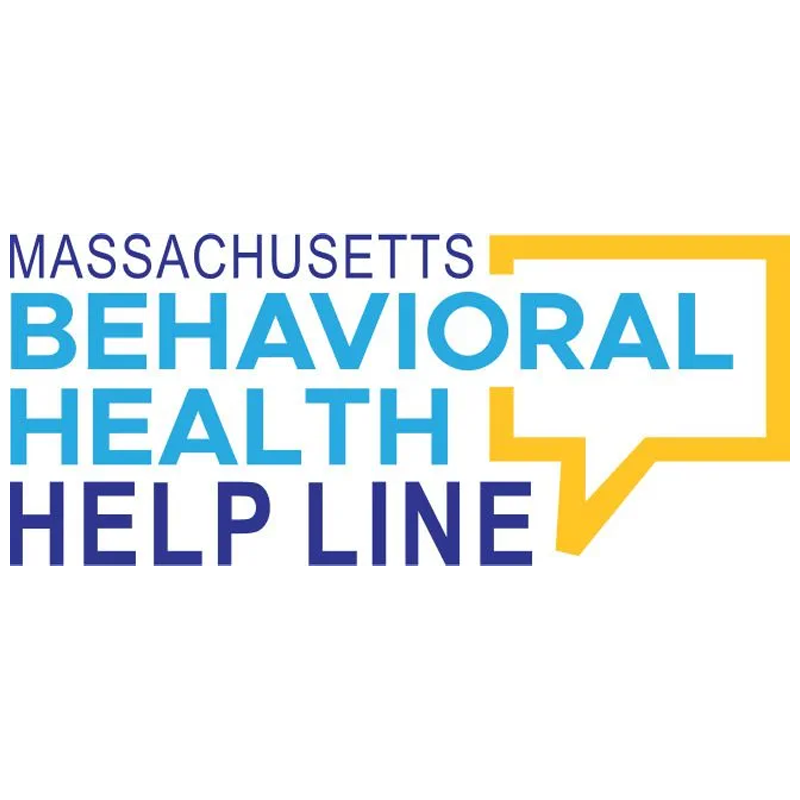 Logo for the Massachusetts Behavioral Health Help Line featuring text and a yellow speech bubble icon.