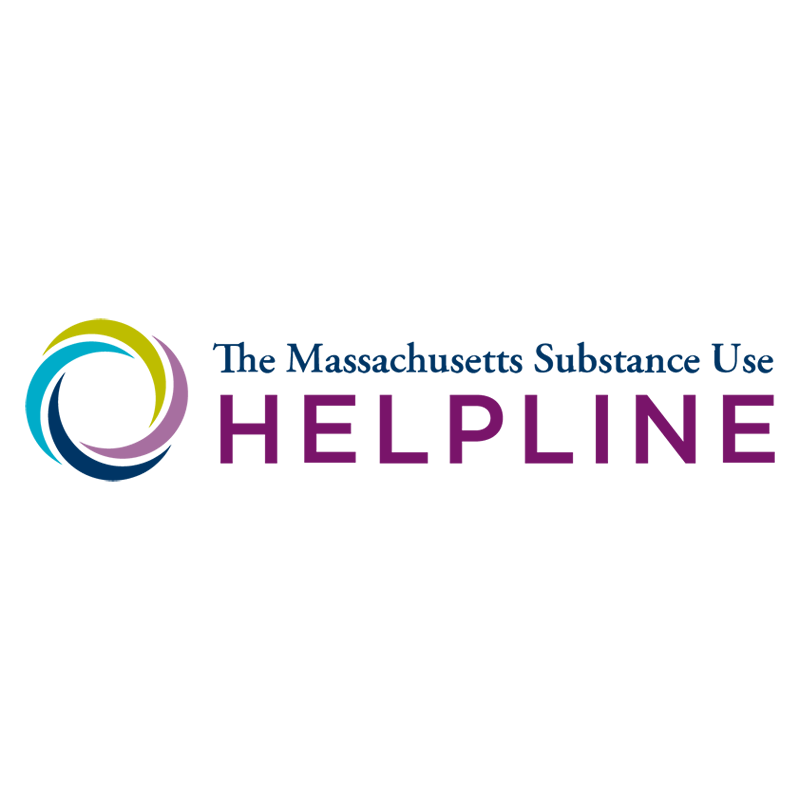 Logo for The Massachusetts Substance Use HELPLINE, featuring a multicolored circular icon and the organization's name.