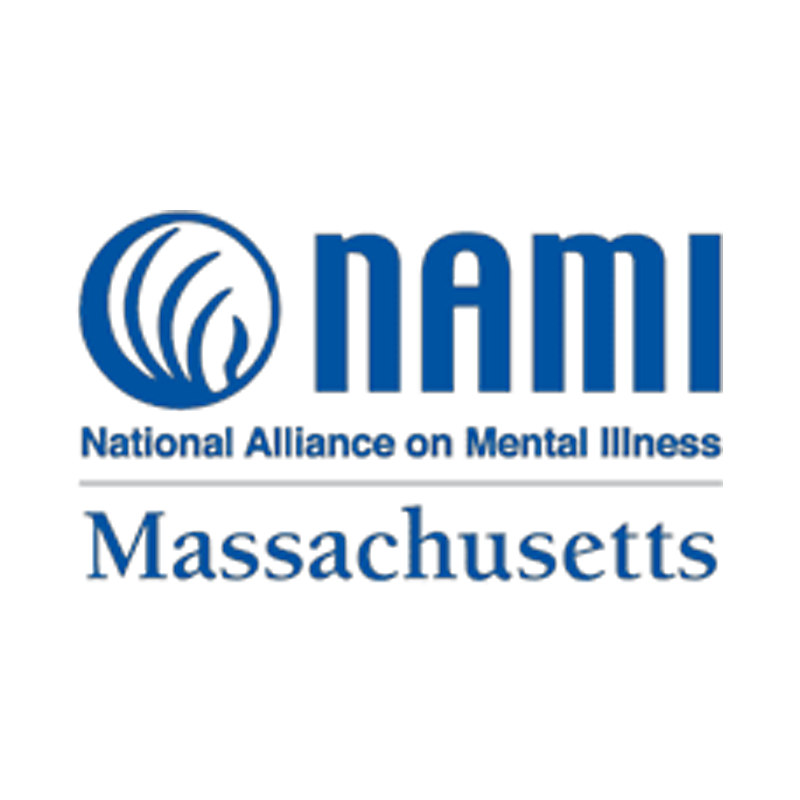 Logo for NAMI Massachusetts (National Alliance on Mental Illness) featuring a blue circular icon and bold text.