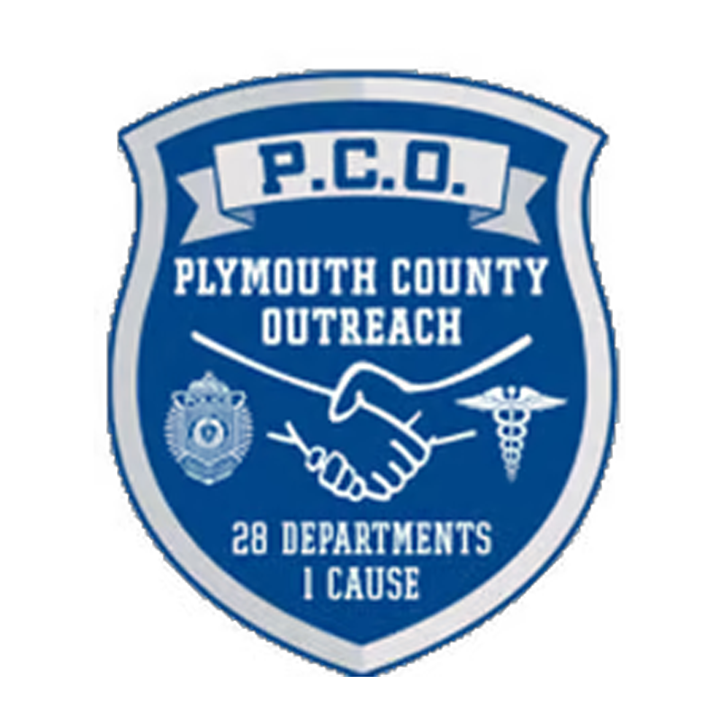 Blue shield logo for Plymouth County Outreach featuring a handshake between a police badge and a medical caduceus.