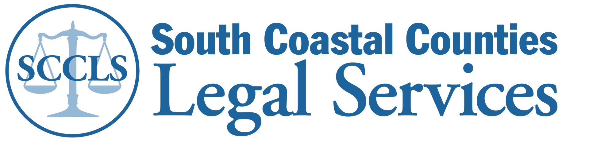 Logo for South Coastal Counties Legal Services featuring a scale of justice icon inside a circle and navy blue text.