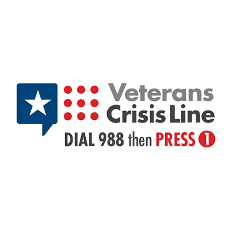 Veterans Crisis Line logo: a star in a speech bubble, nine dots, and text: "DIAL 988 then PRESS 1".