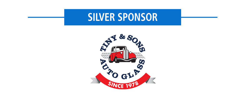 Silver sponsor banner with Tiny & Sons Auto Glass logo centered on a white background.