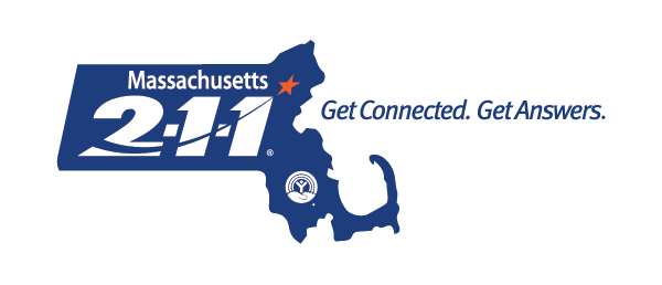 Logo for Massachusetts 2-1-1 featuring a blue map of the state, the text