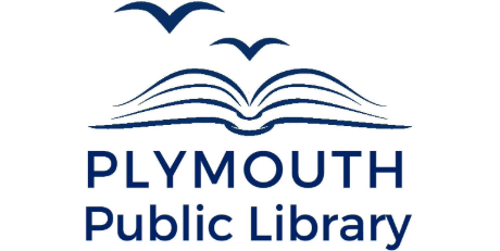 Logo for Plymouth Public Library featuring an open book topped with two flying birds, all in dark blue text and lines.