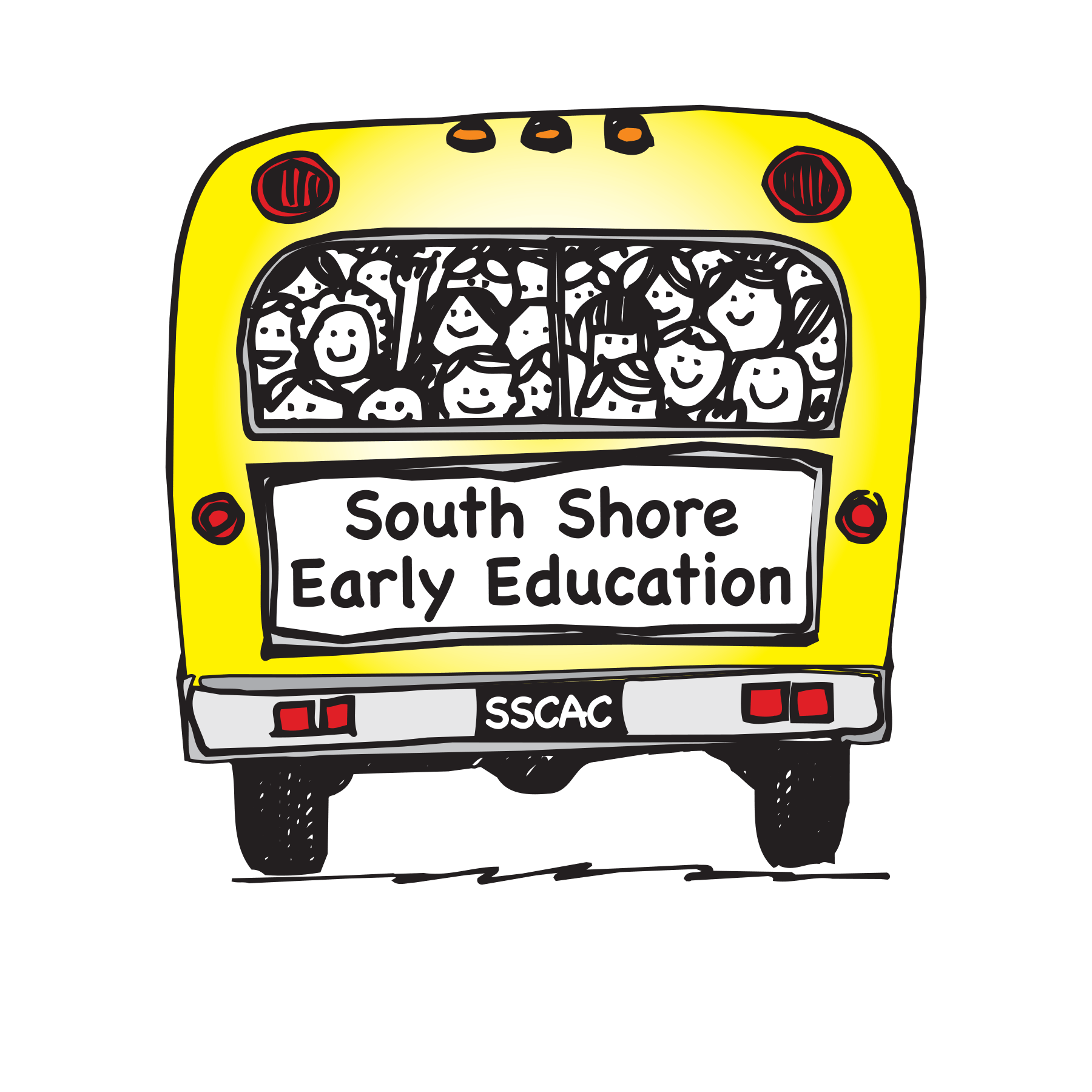 Logo featuring a yellow school bus filled with smiling cartoon children, labeled 