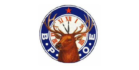 The B.P.O.E. logo: a clock face featuring a deer head with large antlers, set within a blue circle with the text B.P.O.E.