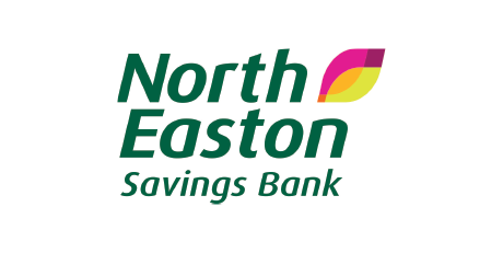 Logo of North Easton Savings Bank featuring dark green text with a stylized multicolored leaf icon on the top right.