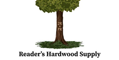 Logo for Reader's Hardwood Supply, featuring a green leafy tree with the initials