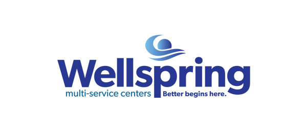 Logo for Wellspring Multi-Service Centers with blue text and a blue wave-like graphic above the name.
