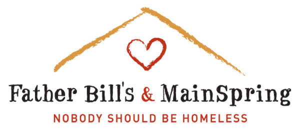 Logo for Father Bill's & MainSpring, featuring a brown roof outline, a red heart, and the text