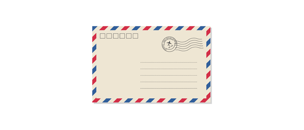 An airmail envelope with a red and blue striped border, a postmark, and address lines on a cream background.