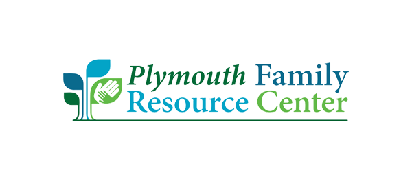 Logo for Plymouth Family Resource Center featuring a stylized blue and green tree icon with a white hand icon inside.