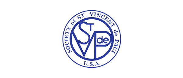 Blue circular logo of the Society of St. Vincent de Paul U.S.A. with stylized letters S, V, and P.