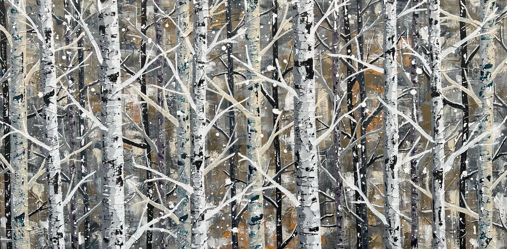Winter scene of birch trees with white trunks and branches, some snow.