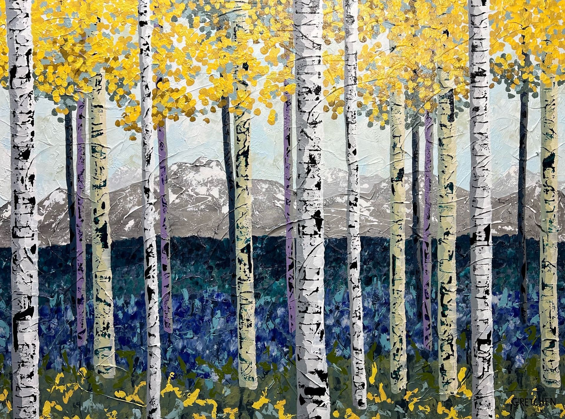 Yellow-leafed aspens in a forest, white trunks stand against a blue and gray backdrop, textured brushstrokes.