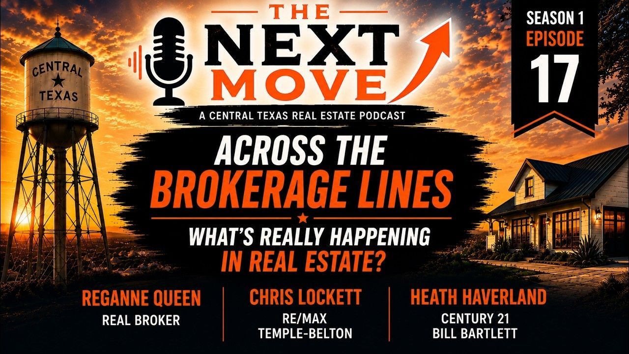 Podcast promo graphic for “The Next Move,” episode 17, “Across the Brokerage Lines,” with real estate hosts on a black-orange background