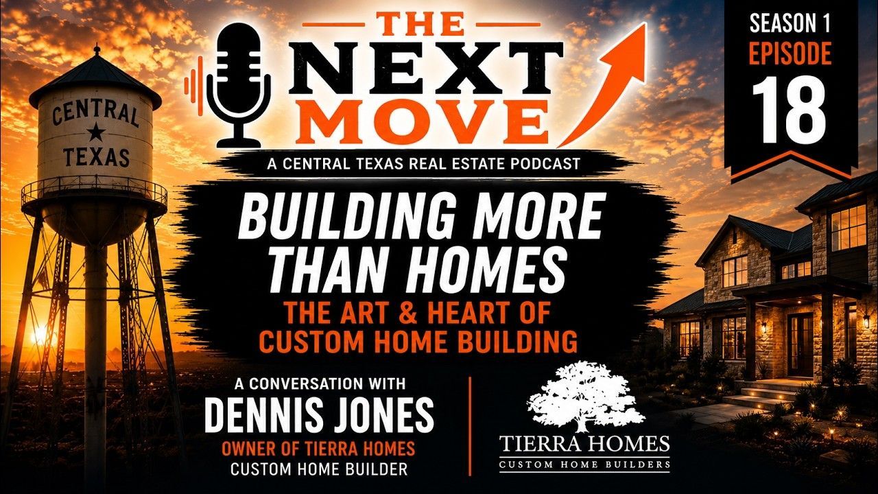 Podcast promo with orange skyline, black Texas theme, and text: “Building More Than Homes” by Dennis Jones, Episode 18.