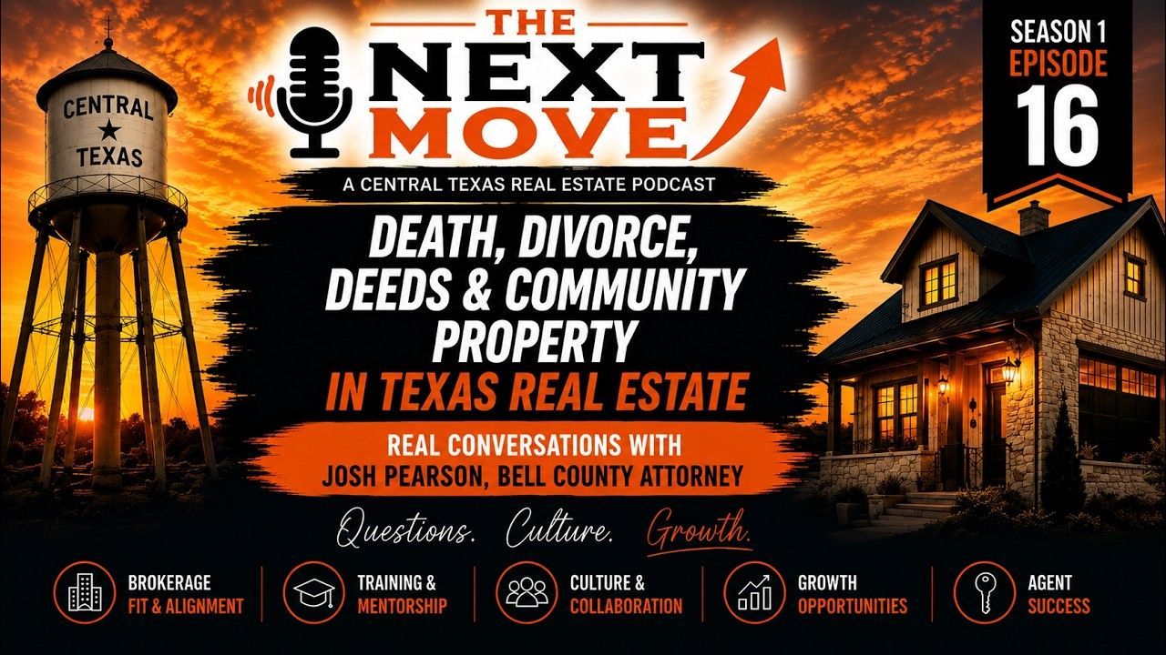 Podcast promo graphic for “The Next Move” on Texas real estate, with orange sunset, barn, and water tower.