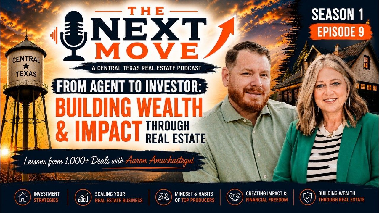 Podcast cover for The Next Move, featuring two hosts and bold text: “Building wealth & impact through real estate.”