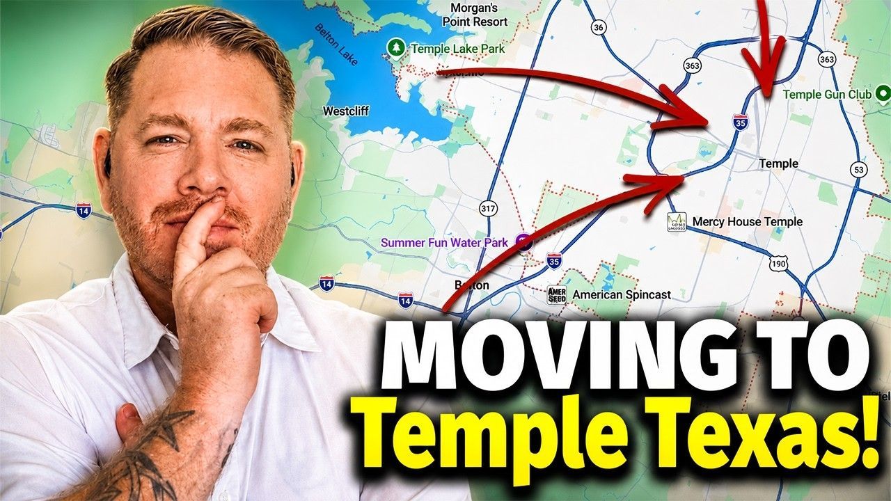 Man smiling beside map with arrows and bold text: “MOVING TO Temple Texas!”