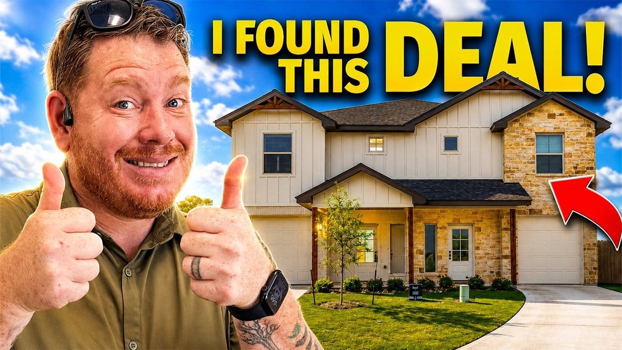 Smiling man giving thumbs up beside a house with bold text “I FOUND THIS DEAL!” and a red arrow